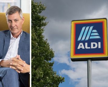 Federal Realty Don Wood and a sign outside an Aldi's location.