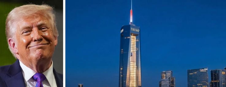 President Donald Trump and a rendering of his presidential library in downtown Miami.