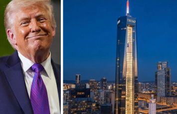 President Donald Trump and a rendering of his presidential library in downtown Miami.