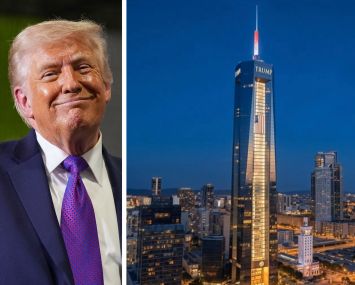 President Donald Trump and a rendering of his presidential library in downtown Miami.