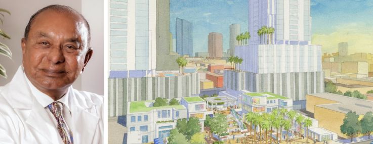 Dr. Walter Jayasinghe and a conceptual illustration of Centro Westlake in Los Angeles.