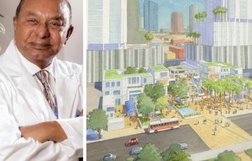 Dr. Walter Jayasinghe and a conceptual illustration of Centro Westlake in Los Angeles.