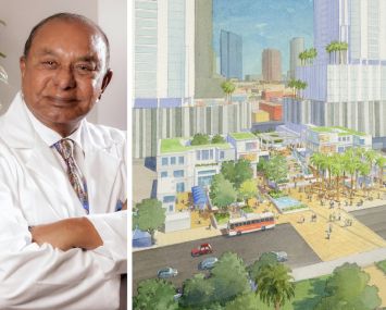 Dr. Walter Jayasinghe and a conceptual illustration of Centro Westlake in Los Angeles.