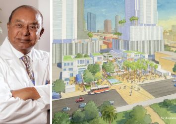 Dr. Walter Jayasinghe and a conceptual illustration of Centro Westlake in Los Angeles.