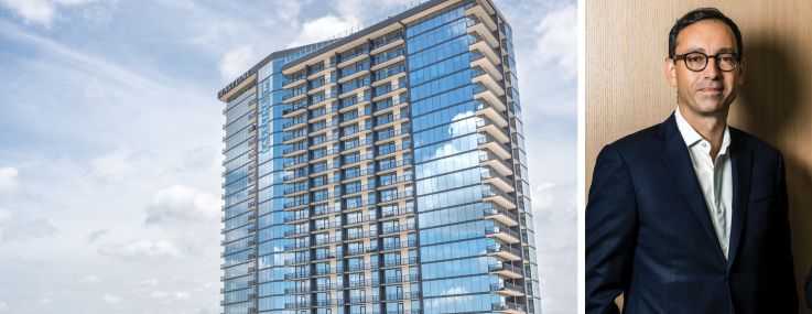 A rendering of Eastline Residences in Dallas, Texas, and Kushner Companies's Laurent Morali.