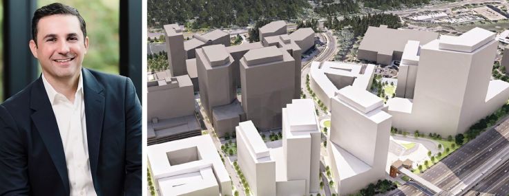Bernstein Management president and CEO Edward Chaglassian and a conceptual rendering of Reston Crossing in Reston, Va.