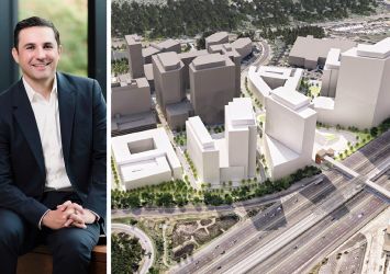 Bernstein Management president and CEO Edward Chaglassian and a conceptual rendering of Reston Crossing in Reston, Va.