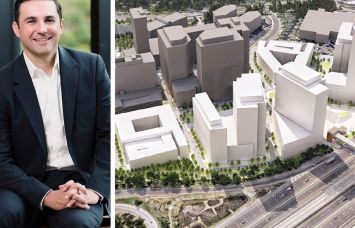 Bernstein Management president and CEO Edward Chaglassian and a conceptual rendering of Reston Crossing in Reston, Va.