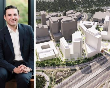Bernstein Management president and CEO Edward Chaglassian and a conceptual rendering of Reston Crossing in Reston, Va.