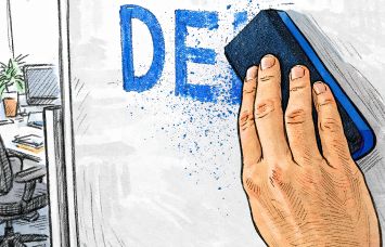 An illustration of a hand erasing DEI from a wipeboard.