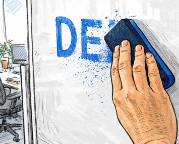 An illustration of a hand erasing DEI from a wipeboard.