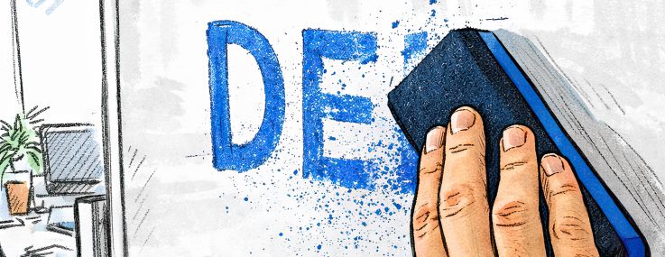 An illustration of a hand erasing DEI from a wipeboard.