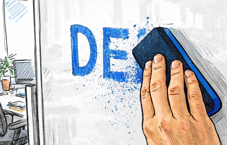 An illustration of a hand erasing DEI from a wipeboard.