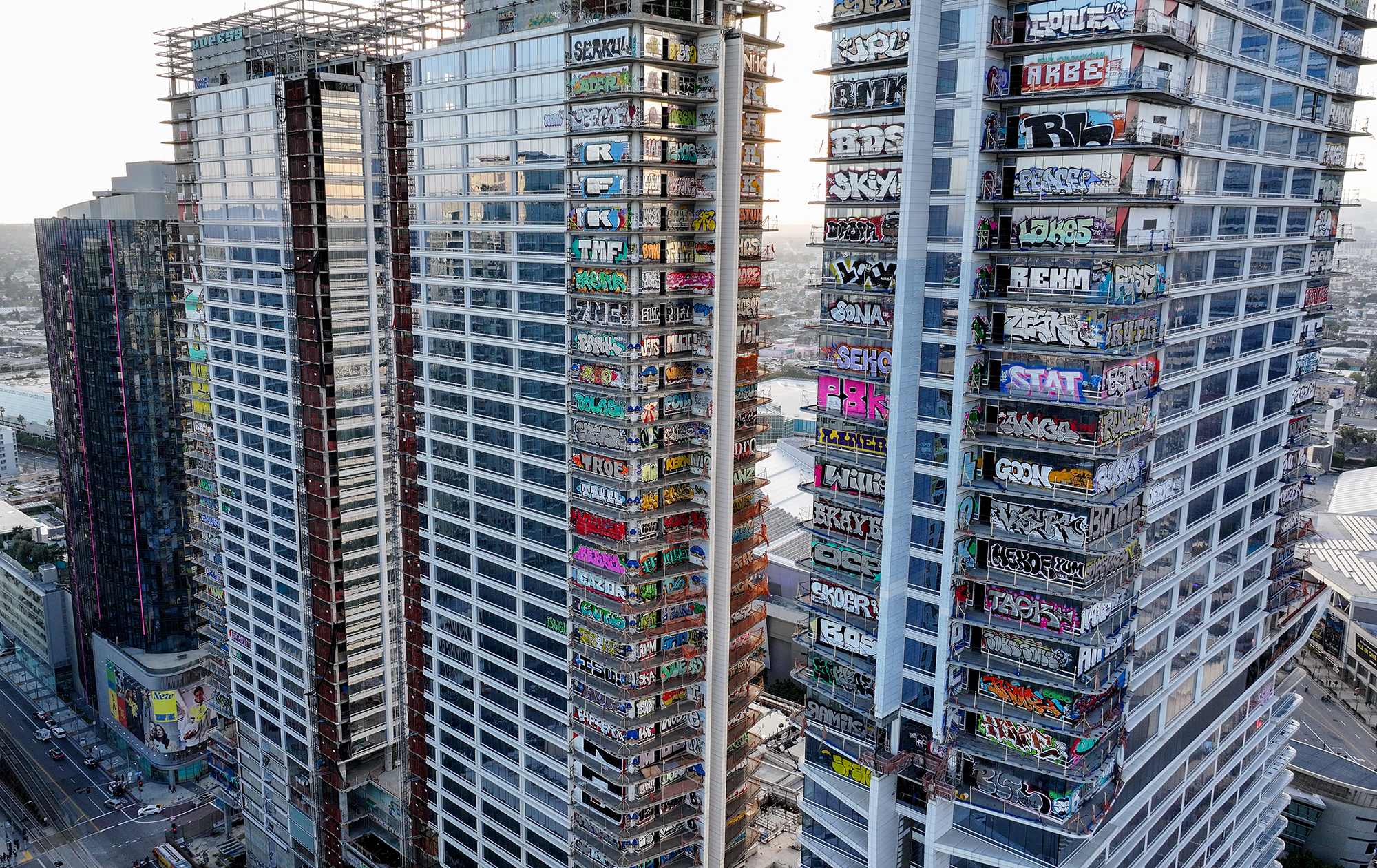 An aerial view of colorful graffiti spray-painted the abandoned real estate project in Downtown Los Angeles, California.