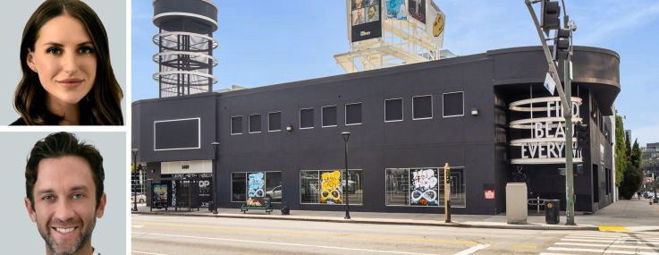 CBRE's Houman Mahboubi (top), Marisa Renfro (center), and Greg Briest, and 6400 Sunset Boulevard, Hollywood, Calif.