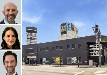 CBRE's Houman Mahboubi (top), Marisa Renfro (center), and Greg Briest, and 6400 Sunset Boulevard, Hollywood, Calif.