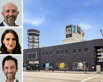 CBRE's Houman Mahboubi (top), Marisa Renfro (center), and Greg Briest, and 6400 Sunset Boulevard, Hollywood, Calif.