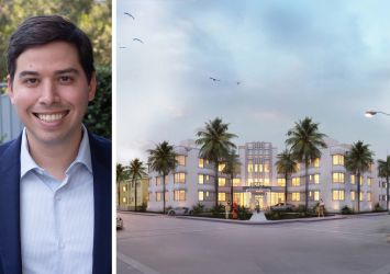 Peachtree Group's Jared Schlosser and a rendering of the Hilton Miami Beach Convention Center Hotel.