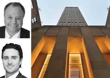 Newmark's Jason Pruger (top) and Jason Stein, and 45 Rockefeller Plaza.