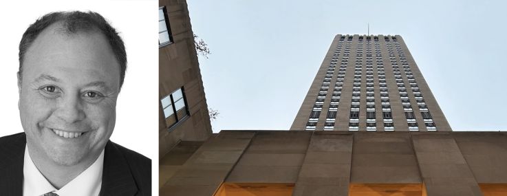 Newmark's Jason Pruger (top) and Jason Stein, and 45 Rockefeller Plaza.