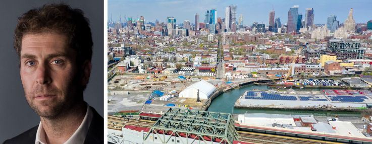 Two Trees' Jed Walentas and an aerial view of Gowanus, Brooklyn.