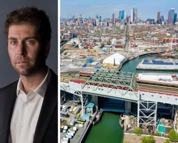 Two Trees' Jed Walentas and an aerial view of Gowanus, Brooklyn.