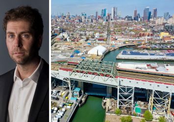 Two Trees' Jed Walentas and an aerial view of Gowanus, Brooklyn.