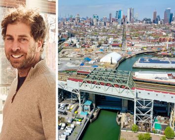 Two Trees' Jed Walentas and an aerial view of Gowanus, Brooklyn.