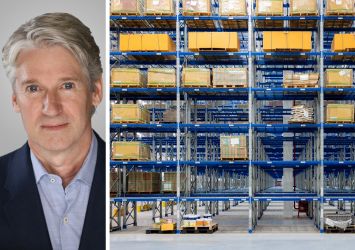 MDH Partners co-founder Jeffrey Small Jr. and shelves inside of a warehouse.