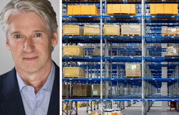 MDH Partners co-founder Jeffrey Small Jr. and shelves inside of a warehouse.