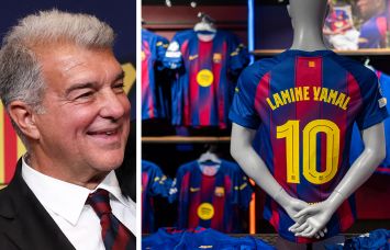 Joan LaPorta, president of FC Barcelona, and a store display of Barcelona jerseys.