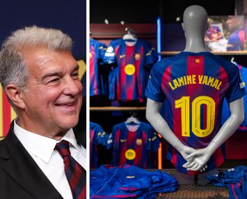 Joan LaPorta, president of FC Barcelona, and a store display of Barcelona jerseys.
