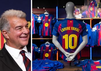 Joan LaPorta, president of FC Barcelona, and a store display of Barcelona jerseys.