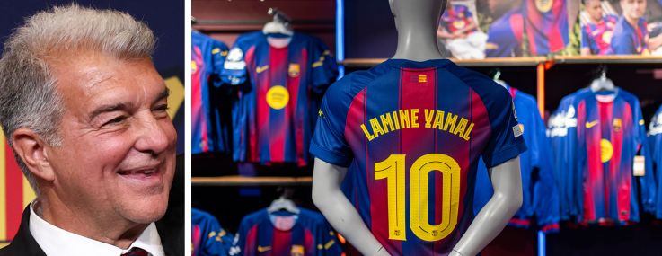 Joan LaPorta, president of FC Barcelona, and a store display of Barcelona jerseys.