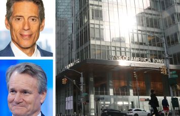 The Durst Organization's Jody Durst (top), Bank of America's Brian Moynihan, and One Bryant Park.