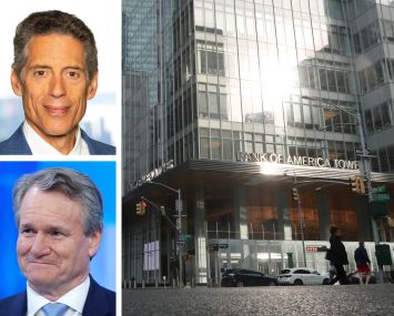 The Durst Organization's Jody Durst (top), Bank of America's Brian Moynihan, and One Bryant Park.