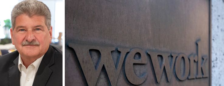 WeWork CEO John Santora and WeWork sign.