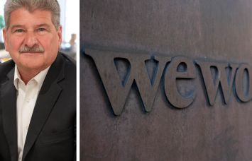WeWork CEO John Santora and WeWork sign.