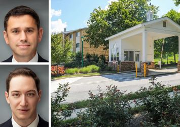 Walker & Dunlop's Jonathan Zilber (top) and Joel Chetner, and the entrance to Worthington Apartments, Pikesville, Md.