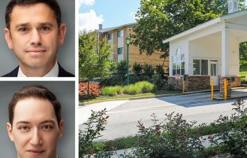 Walker & Dunlop's Jonathan Zilber (top) and Joel Chetner, and the entrance to Worthington Apartments, Pikesville, Md.