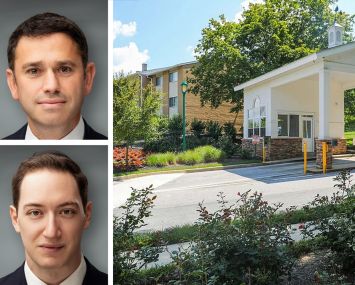 Walker & Dunlop's Jonathan Zilber (top) and Joel Chetner, and the entrance to Worthington Apartments, Pikesville, Md.