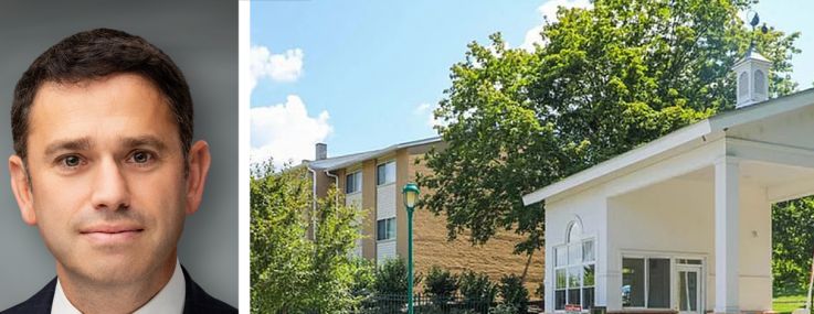 Walker & Dunlop's Jonathan Zilber (top) and Joel Chetner, and the entrance to Worthington Apartments, Pikesville, Md.
