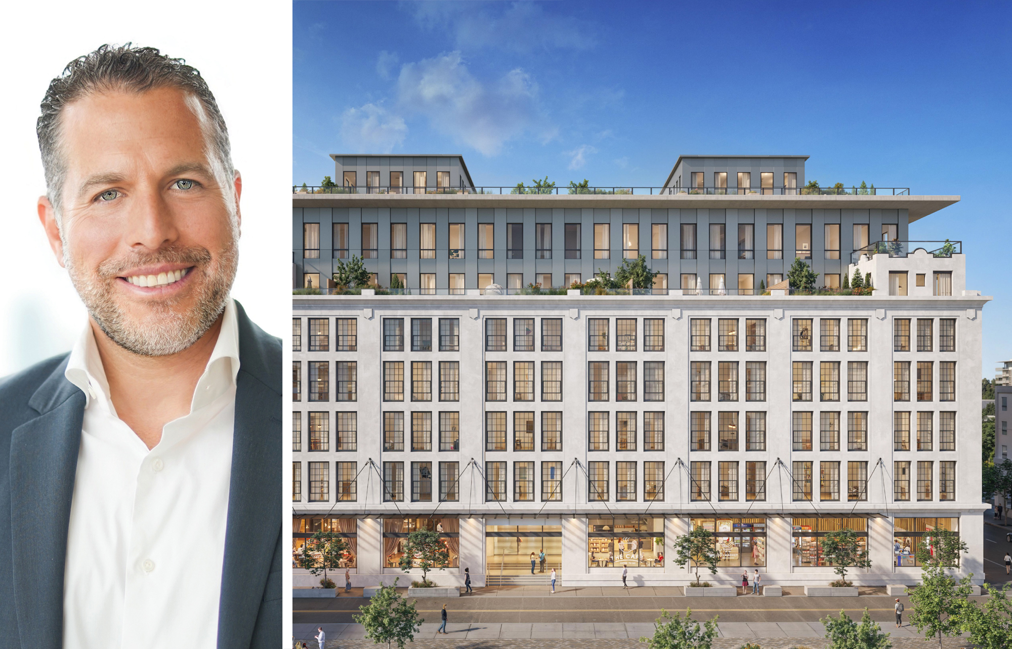 Madison Realty Capital's Josh Zegen and a rendering of the Southend Lofts at 38 Jackson Street, Hoboken, N.J.