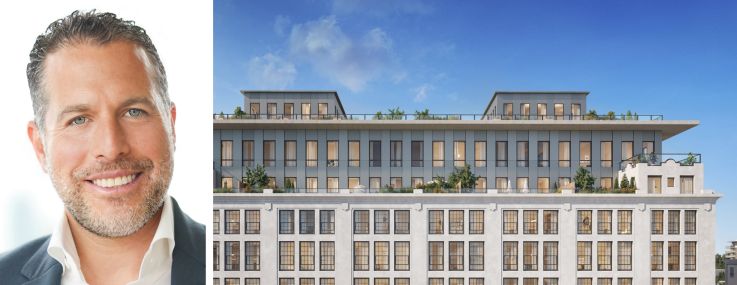 Madison Realty Capital's Josh Zegen and a rendering of the Southend Lofts at 38 Jackson Street, Hoboken, N.J.