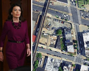 Gov. Kathy Hochul and a satellite view of 1119 Pacific Street, Brooklyn.