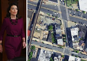 Gov. Kathy Hochul and a satellite view of 1119 Pacific Street, Brooklyn.
