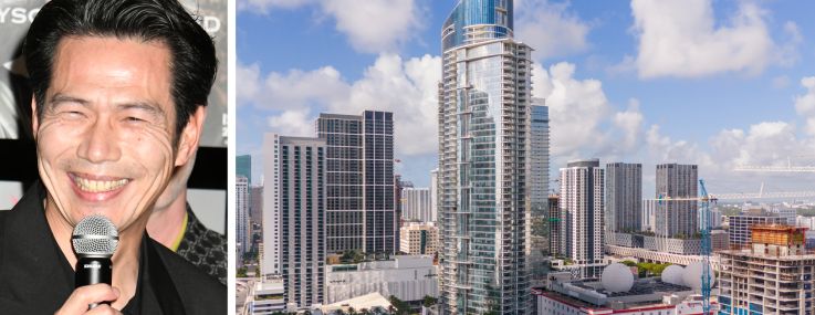 Kasumigaseki Capital Representative Director Koshiro Komoto and an aerial view of Miami Worldcenter.