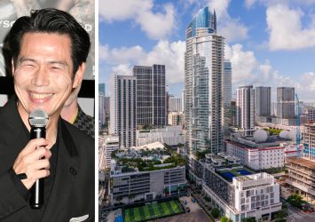 Kasumigaseki Capital Representative Director Koshiro Komoto and an aerial view of Miami Worldcenter.