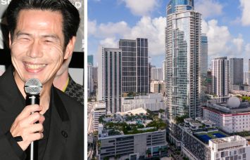 Kasumigaseki Capital Representative Director Koshiro Komoto and an aerial view of Miami Worldcenter.