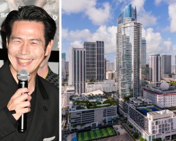 Kasumigaseki Capital Representative Director Koshiro Komoto and an aerial view of Miami Worldcenter.